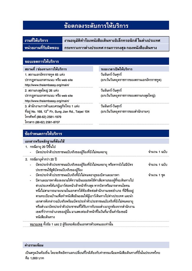 ข้อตกลงระดับการให้บริการ งานอนุมัติคำร้องหนังสือเดินทางอิเล็กทรอนิกส์ ในต่างประเทศ