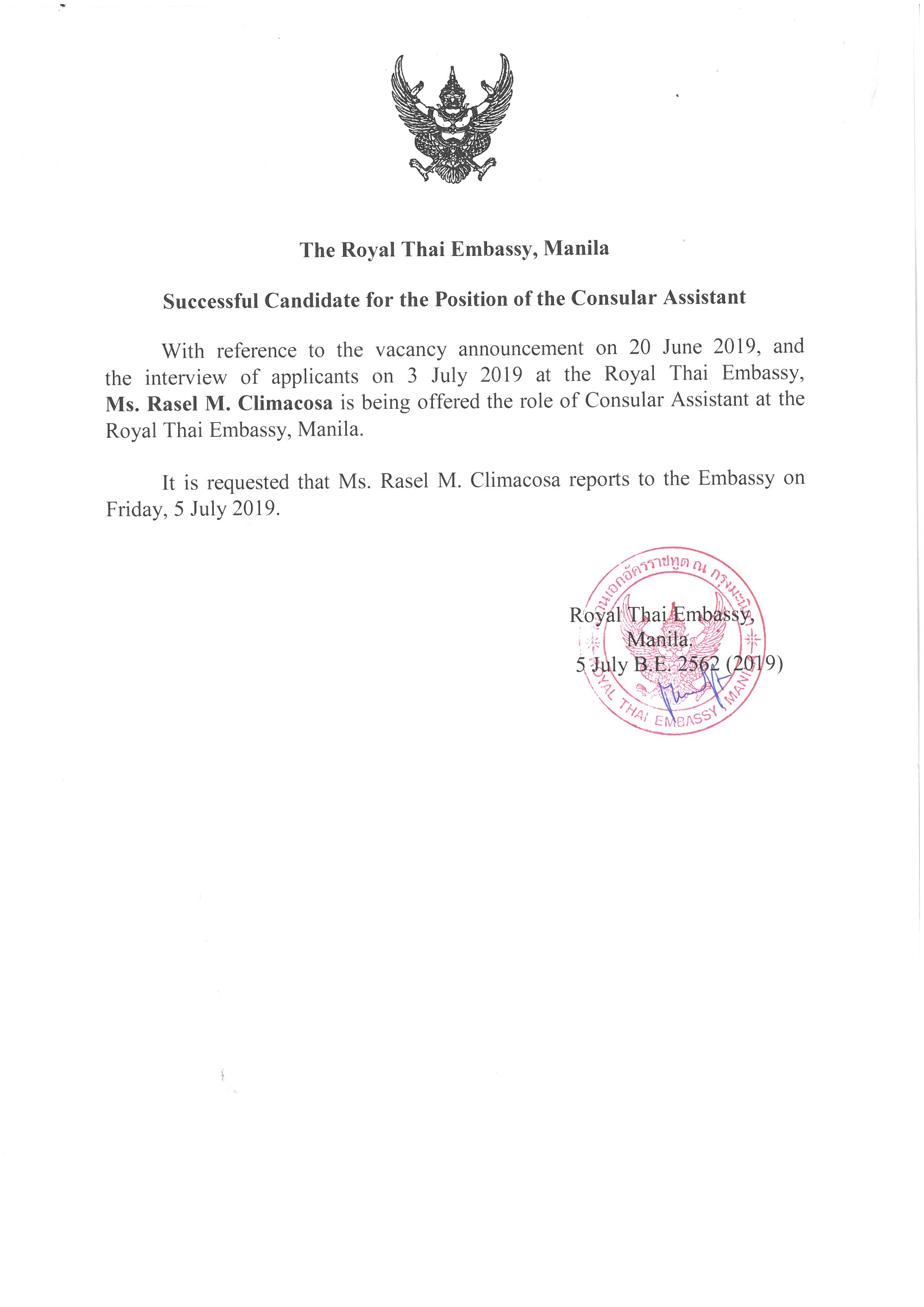Successful Candidate for Consular Assistant Position